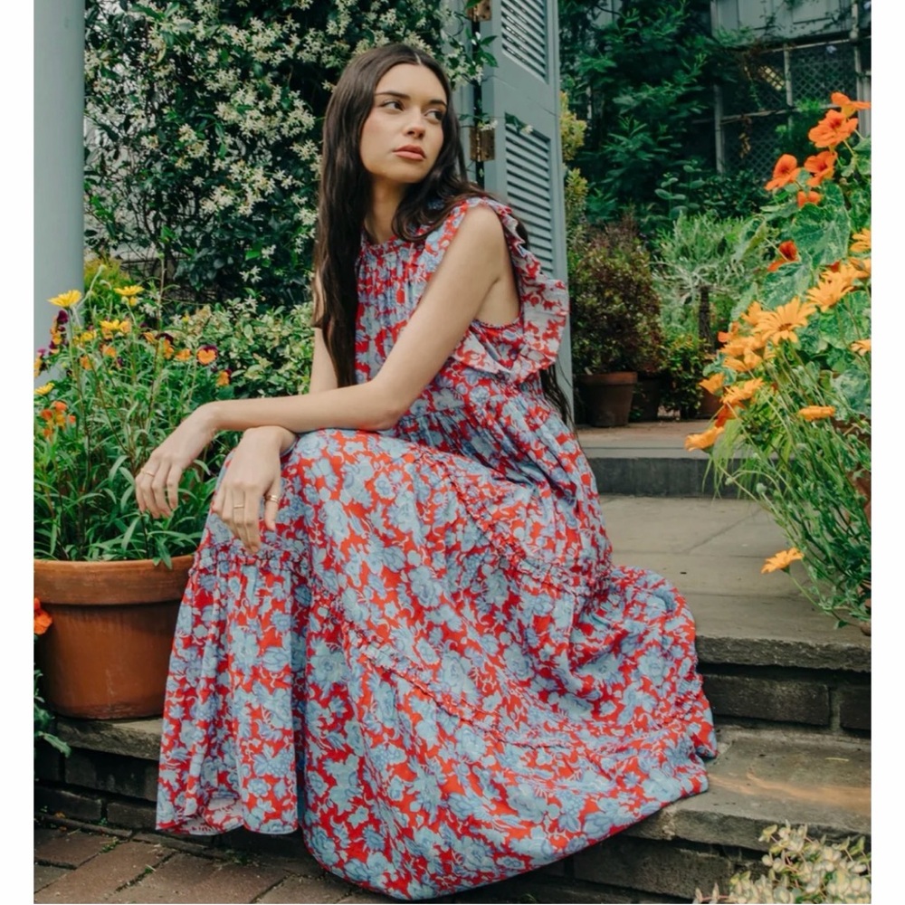Floral Ruffle Maxi Dress - Red & Blue